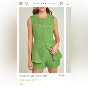 NWT SET Endless Rose Green Tweed Button Long Split Top Short Gold Size LG Preppy